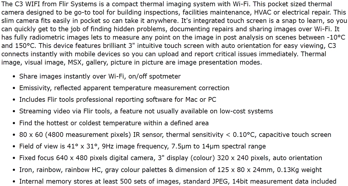 מצלמה תרמית קומפקטית אלחוטית פליר FLIR C3 WIFI TEXT